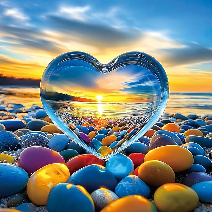 MINIWAN 500 Piece Jigsaw Puzzle for Adults - Heart of Glass: Sunset Beach with Colorful Pebbles, 20x20 Inch Large Piece Unique Art Puzzle, Challenging Hard Difficult Puzzles for Adults