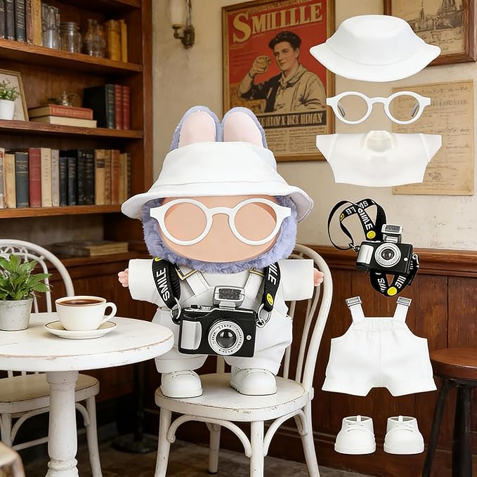 Clothes for LABUBU 17cm Doll (NO Doll) – 6-Piece Set, Hat + Overalls + Shirt + Camera + Glasses + Shoes, Outfit for LABUBU, Premium Dolls Accessories for LABUBU (White)