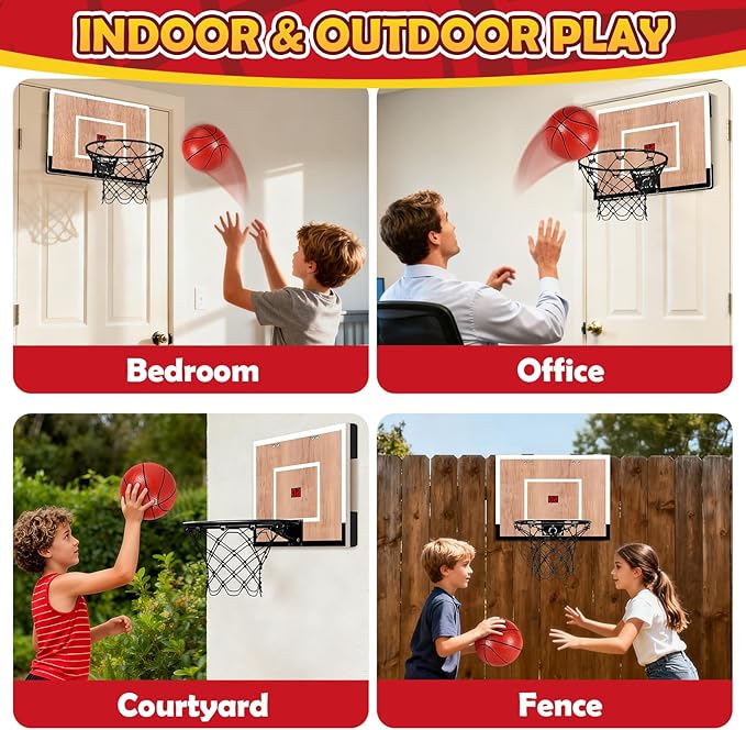 Indoor Basketball Hoop for Kids, Mini Basketball Hoops Over The Door and Wall Mount with Wooden Backboard, 3 Balls and Pump, Idea Toys Gifts for Kids and Adult