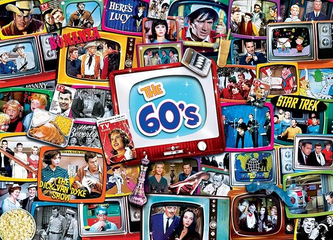 MasterPieces - 1000 Piece Jigsaw Puzzle, Nostalgic 60’s TV Shows Collage, Retro Entertainment Fun for Adults, Family, Kids, Non-Glare Finish, 19.25" x 26.75"