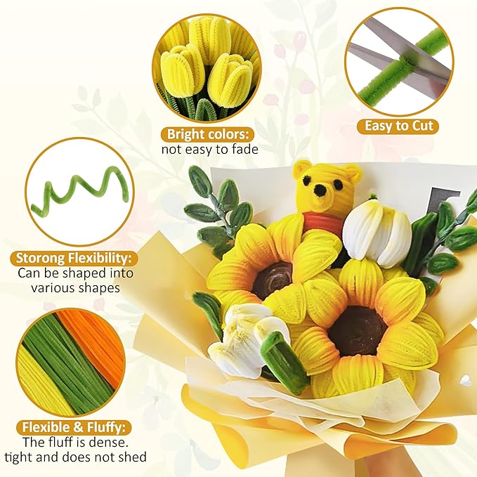 500 Pcs Pipe Cleaners Craft Kit for Flower Making, Complete DIY Bouquet Set with Chenille Stems, Craft Wire, Stamen, Tape, Ribbon & More, Perfect for Arts, Handmade Gifts & Decorations