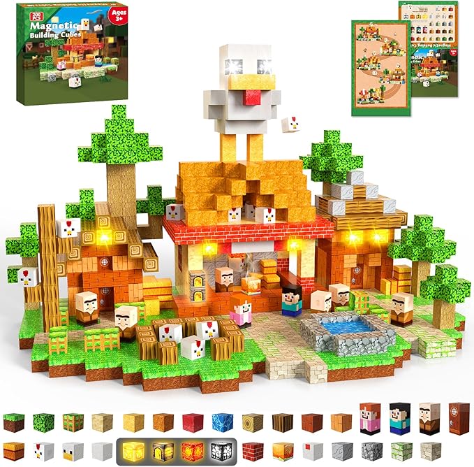 200PCS Magnetic Blocks with Light-Up Blocks, Magnet Building Blocks, Stacking Magent Cubes, STEM Montessori Educational Sensory Toys for Boys & Girls Ages 3-12 Easter Birthday Gift