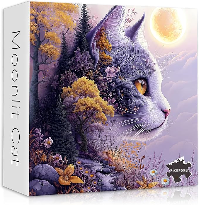 Fantasy Cat Puzzle for Adults 1000 Pieces,Moonlit Forest Cat Nature Puzzle,Dreamy Floral Kitten Landscape Puzzle,Impossible Purple Scenery Jigsaw Puzzle Challenge