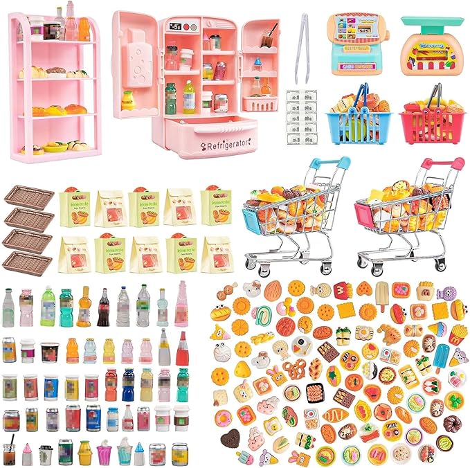 180 Pcs Dollhouse Miniature Kitchen Accessories Shopping Cart Basket Mini Food Drinks Dollhouse Store Grocery Supermarket Metal Handcart Party Model Shelves Cash Register Refrigerator