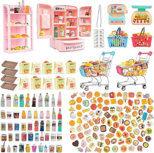 180 Pcs Dollhouse Miniature Kitchen Accessories Shopping Cart Basket Mini Food Drinks Dollhouse Store Grocery Supermarket Metal Handcart Party Model Shelves Cash Register Refrigerator