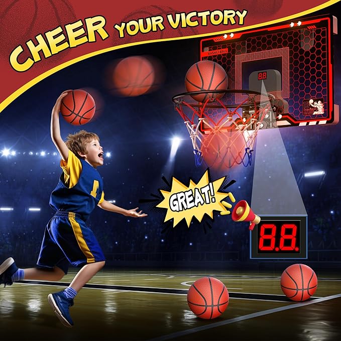 HopeRock Indoor Basketball Hoop for Kids, Over The Door Mini Basketball Hoops, with LED Light, Scoreboard, Birthday Toys Gifts for 5 6 7 8 9 10 11 12+ Year Old Boys