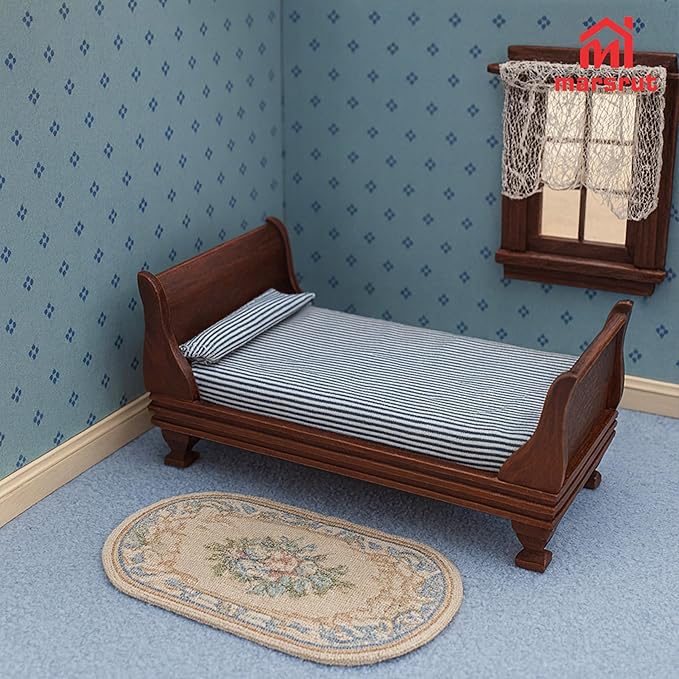 1:12 Scale Doll House Miniature Single Bed with Bedding Fabric & Pillow, Wooden Vintage Victorian European Style Bedroom Furniture Decor Christmas Accessories, Mini Sleigh Bed for 6 Inch Dolls