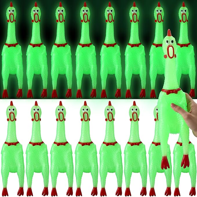 Honoson 16 Pcs 15.75 Inch Large Glow in The Dark Rubber Chicken Bulk Luminous Screaming Rubber Chickens Squeaky Toy Fluorescent Novelty Prank Gag Gift Noise Makers Party Favors for Adults Games