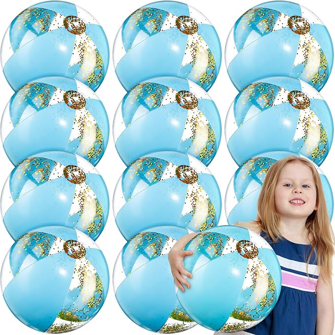 12 Pcs 16 Inch Inflatable Beach Balls Bulk Jumbo Pastel Inflatable Decorated Ball with Macaron Color PVC Party Ornaments for Summer Birthday Party Decoration (Blue)