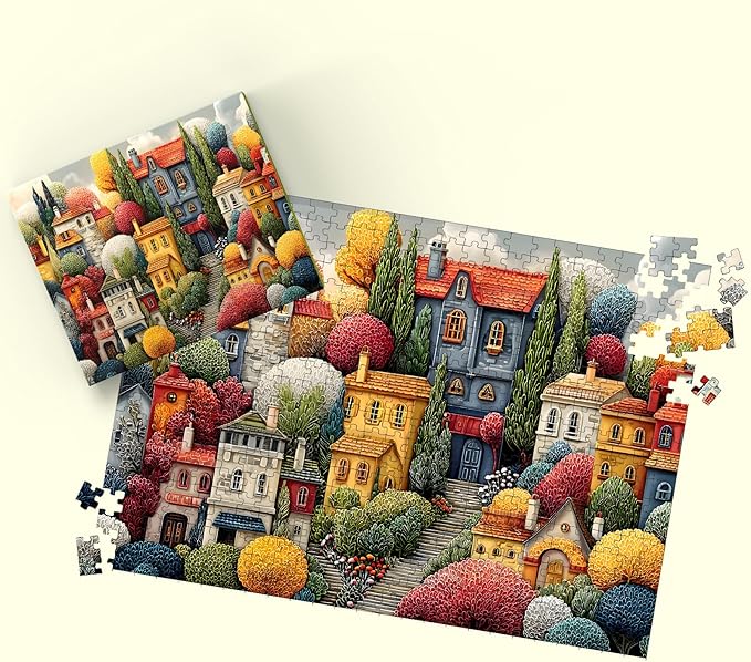 Puzzles for Adults 500 Pieces, Colorful Town Jigsaw Puzzles - Blossom Village, Impossible Colorful Town Puzzles for Seniors Family, 20.47x14.96 inches, 1:1 Poster, Letter on The Back