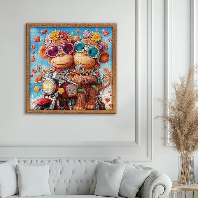 PICKFORU Cute Monkey Jigsaw Puzzles 1000 Pieces, Summer Seaside Motorcycle Puzzles for Adults, Funny Beach Bikers Puzzle