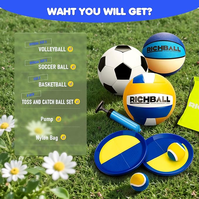 Richball 4-in-1 Outdoor Sports Ball Set for Kids – Soccer, Basketball, Volleyball and Toss & Catch Paddle Ball Game – All-in-One Gift Stocking Stuffers for Kids Boys & Girls Ages 3+