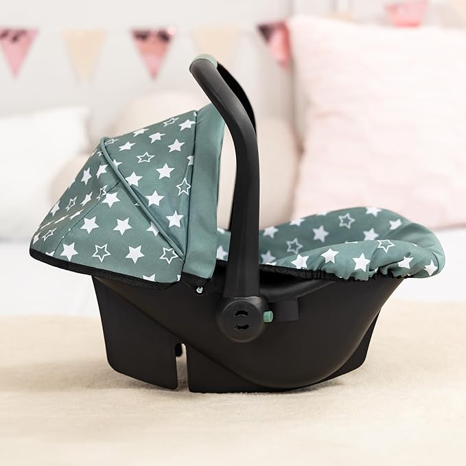 Bayer Design Reborn Baby Doll Car Seat with Sun Shade Canopy - Grey-Green Stars, Portable Doll Carseat for 18" Dolls