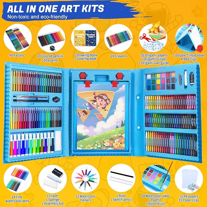 All in One Art Supplies, Art Kit Includes Origami & Paper-Cutting Crafts, Easel, Colored Pencils, Crayons, Drawing Book, Coloring Book, Watercolor Markers and More, Art Set for Kids Girls Boys, Blue