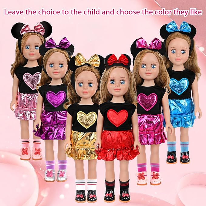 MSYO 18 Inch Doll Clothes & Accessories Set,Black Purple Heart Top & Metallic Purple Skirt Outfit with Mouse Ears Headband,Sunglasses,Socks,Shoes,Bracelet,Fits 16-18 Inch Baby Dolls(Purple)