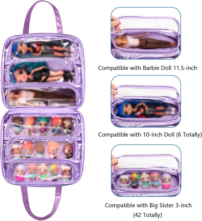 LoDrid Doll Tote Carrying Case Compatible with LOL Surprise Dolls All, Hanging Organizer Storage Bag with 6 Clear Window Pockets for Girls, Bag Only, Purple,(Patent Design)