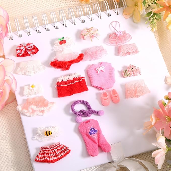 10 Sets Doll Outfits, 3 Inch/7.62cm Doll Collector's Clothing Accessories Cute Flowers Cherries Bees Dress Wear for Decoration and Display (Pink, Red)
