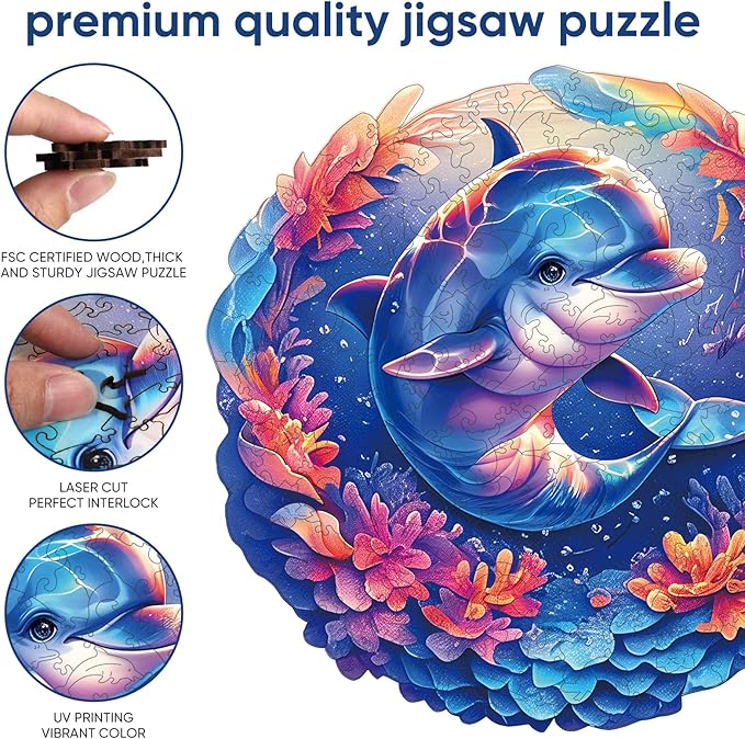 Qiuenisray Wooden Puzzles for Adults, Dolphin Baby Jigsaw Puzzles 500 Pieces, FSC Certified Unique Ocean Adult Puzzles, Irregular Wood Puzzles Creative Gift for Adults Family Game (16.2x16.5 in)