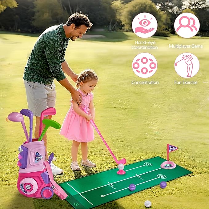 PJG Toddler Golf Set with Mat, Plastic Kids Golf Clubs Ages 1 2 3 4 5 Years Old with 4 Golf Clubs and 10 Balls, Toddler Golf Toys with Cart for Boys and Girls Birthday (Pink)