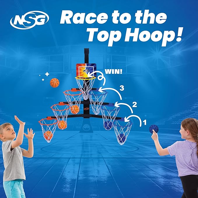 NSG Over The Door Basketball Hoop - Adjustable Height 7 Hoop Race Pyramid with 8 Mini Foam Balls & Carry Bag, Wall-Mounted, Easy Setup, Kids Indoor/Outdoor Game for Ages 5+ Years