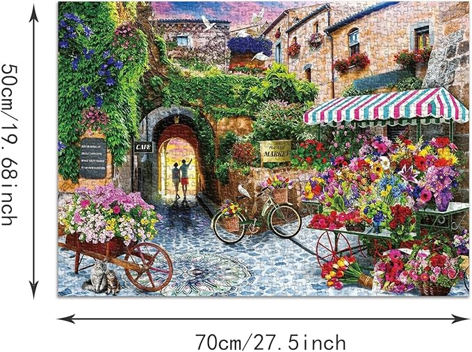 Puzzle for Adults 1000 Pieces, European Mediterranean Flower Village Street Puzzle, Challening Impossible Difficult Hard Fun 1000 Pieces Jigsaw Puzzles for Adults