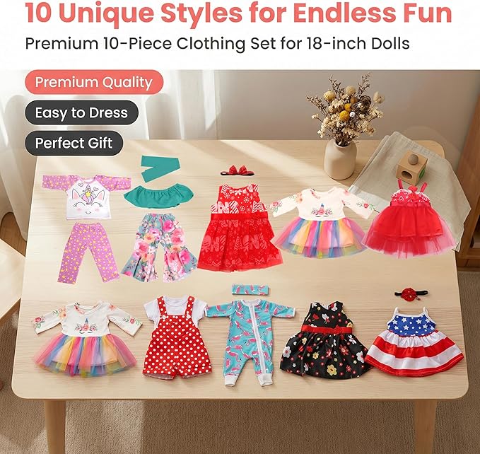 MSYO 10 Sets Doll Clothes for 17 - 18 Inch Dolls, Diverse Outfits (Floral, Polka Dot, Unicorn) & Accessories, Fashion Dress - Up Set for Girl Doll Play & Gifting