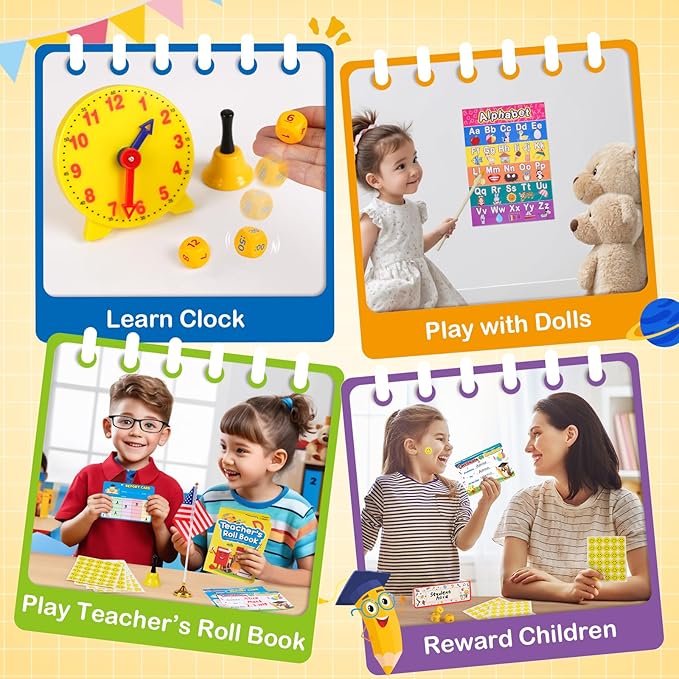 Alritz Pretend Teacher Playset, Role Pretend Play Kids School Toys Kit Include Map, Calendar, White Board Boys Girls Toys, Easter Birthday Gift for Ages 5 6 7 8 9 10 11 12 13+