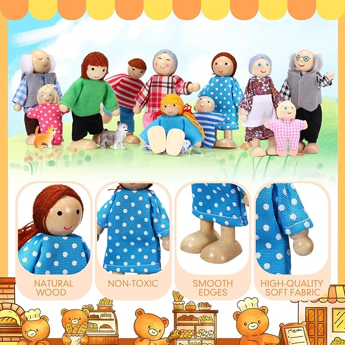 Skylety 20 Pcs Wooden Dollhouse Family Set of 16 Mini People Figures and 4 Pets, Wooden Dollhouse Dolls Cosplay Family Figures Accessories for Pretend Toy(Rustic Style)