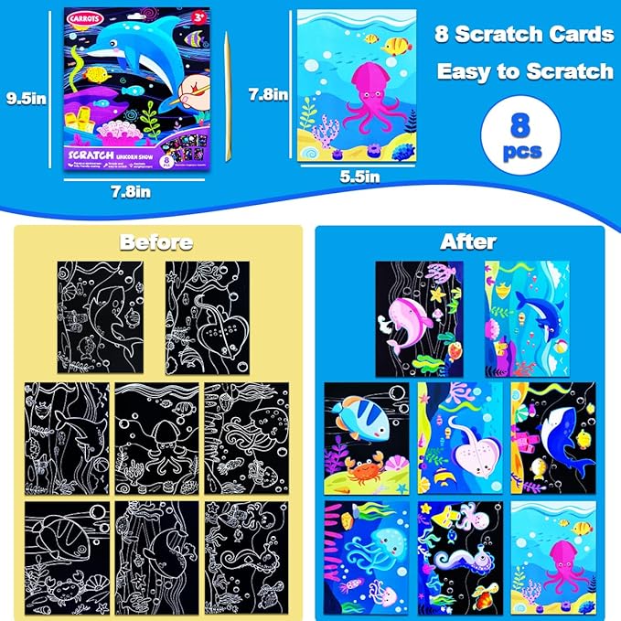 JUNQIU Scratch Art for Kids, Ocean Animals Black Rainbow Scratch Art Paper Set-Arts and Crafts Kits & Supplies, Party Games & Activity, Gifts for Toddlers Girls & Boys Birthday Christmas