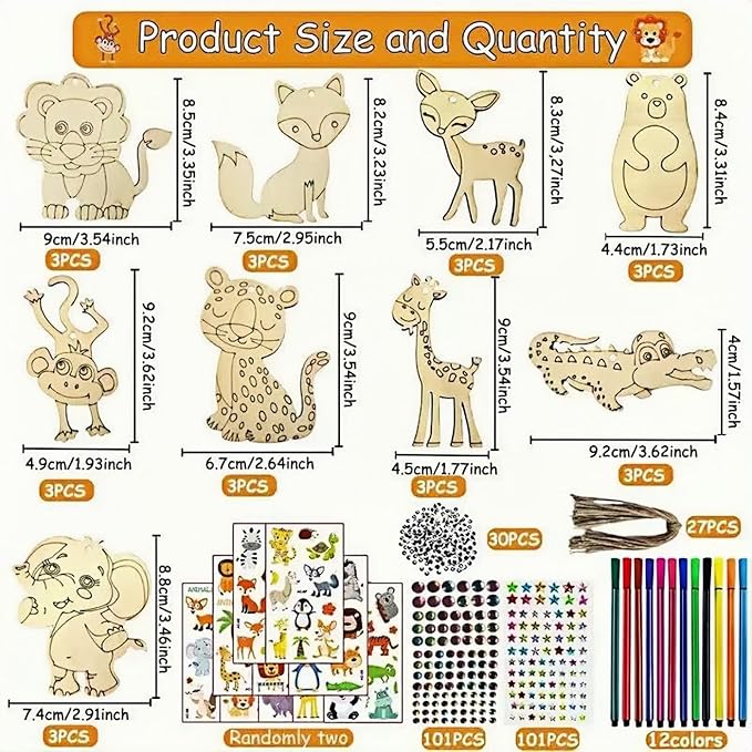 ShaoAngDuoMi 27PCS Paint Your Own Wooden Animal Crafts Kit – DIY Unfinished Wood Ornaments for Kids with Paint Pens & Stickers, Outdoor Art Activity, Garden Tree Hanging Decorations, Creative Gift