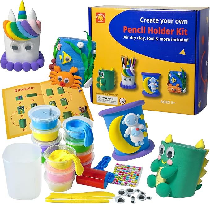 AwwAboutLife Air Dry Clay - Create Your Own Pen Holder Kit. Craft DIY for Kids/Art Activity Set/Holiday Birthday Gift/Dinasour Unicorn & Space. for Adults or Kids 4+
