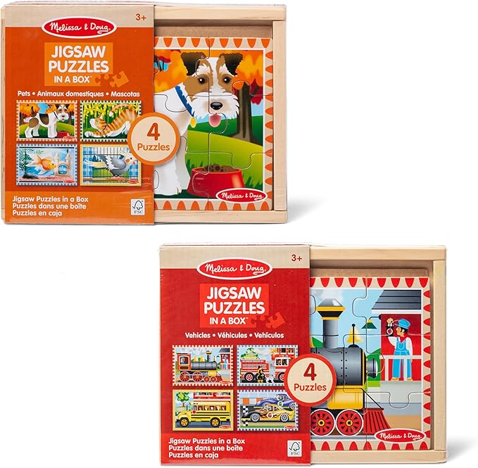 Melissa & Doug Wooden Jigsaw Puzzles in a Box 2-Pack for Preschool Boys and Girls – Pets, Vehicles
