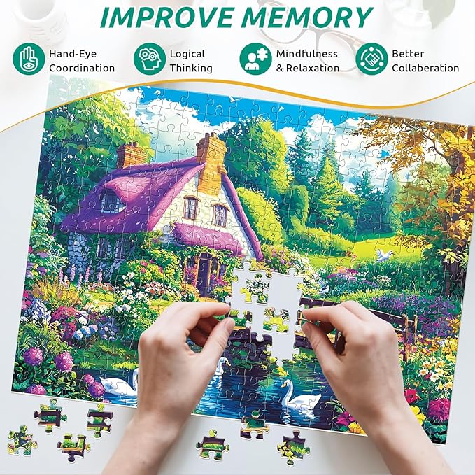 300 Piece Puzzle for Adults,Beautiful Country Cottage Puzzles for Adults Kids Elderly,Large Piece Landscape Puzzles for Kids Age 8-10 10-12,Challenging Nature Puzzle,Family Game Great Gift 20.5x15 in
