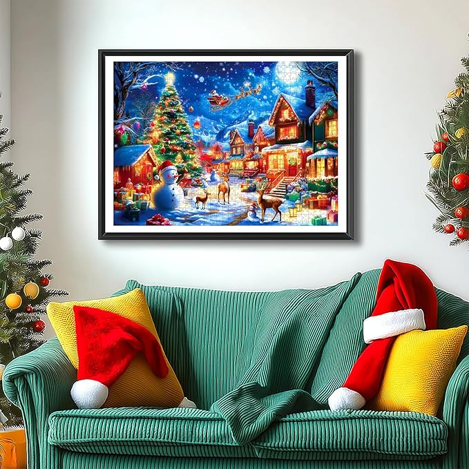 Puzzles for Adults 1000 Pieces Christmas Village Jigsaw Puzzle Snowmen and Reindeer Festive Holiday Scene with Letters on Back No Dust for Holiday Party Family Fun Decor (27.5 x 19.7 inch)