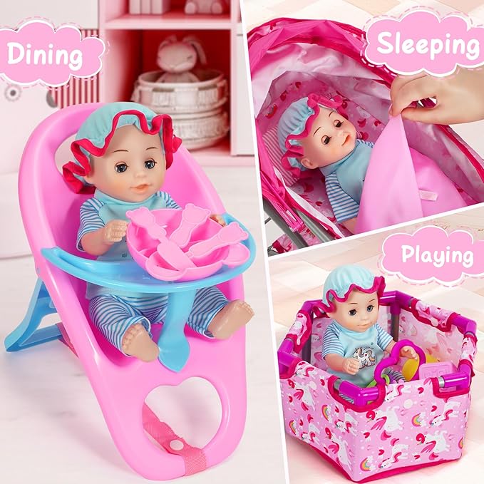 DRAMATION Unicorn Baby Doll Stroller Set with 11'' Baby Doll, Foldable Doll Stroller, Playpen, Dining Chair and 24 PCS Baby Doll Accessories, Doll Playset Toy for Girls Toddlers 3-5 4-6 Birthday Gifts
