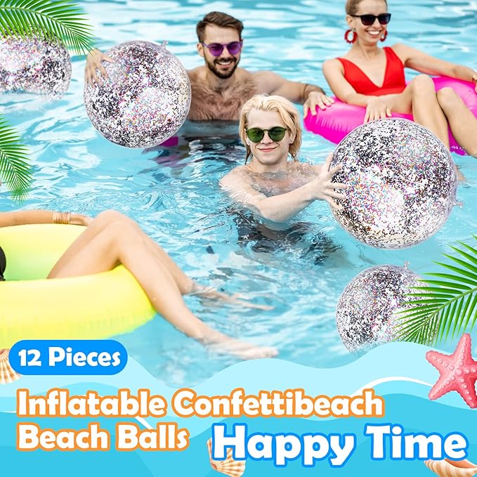 Lewtemi 12 Pcs Inflatable Glitter Beach Balls 16 Inch 24 Inch Shiny Giant Confetti Balls Swimming Pool Beach Blow up Balloon for Outdoor Summer Party Wedding Decor(Multicolored)