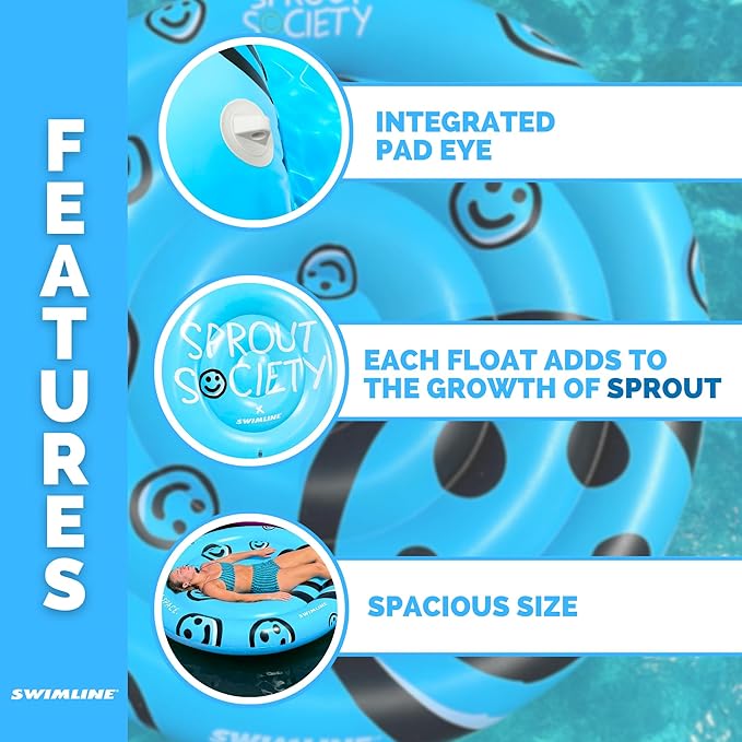 SWIMLINE Original 90510 Sprout Society Smiley Island Pool Float for Adults Kids 63 Inch Inflatable Floating Lounger Mat for Pool Lake Ocean | Mental Health Org Collaboration Float for A Good Cause
