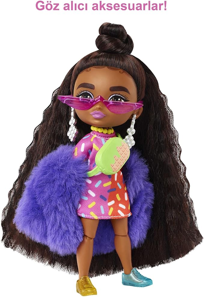 Barbie Extra Minis Doll #1 (5.5 in) Wearing Sprinkle-Printed Dress & Furry Coat with Doll Stand & Accessories Including Micro Sunglasses and Waist Bag, Gift for Kids 3 Years Old & Up