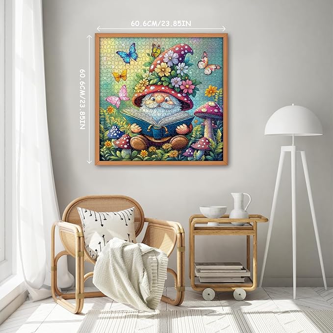 Funny Gnomes Puzzles for Adults 1000 Pieces, Nature Mushroom Butterfly Garden Themed, Cute Spring Gnome Flower Jigsaw Puzzles Challenge