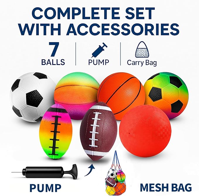 8.5 Inch Sports Balls Set 7 Pack,Playground Balls for Kids&Adults, Includes Soccer Ball, Basketball, and Football,Rainbow Ball for Outdoor & Indoor Games, Boys and Girls Gift with Gift Box