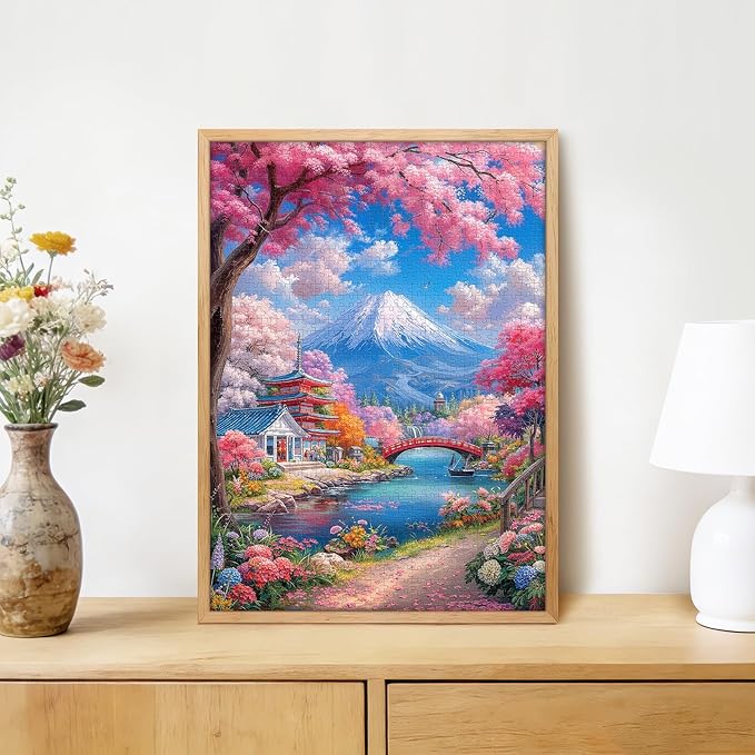 Mount Fuji Cherry Blossom 1000 Piece Puzzle for Adults - Japanese Landscape Art, Vibrant Spring Scene, Poster & Lettered Back, 20"x28" HD, Gift for Travel & Nature Lovers