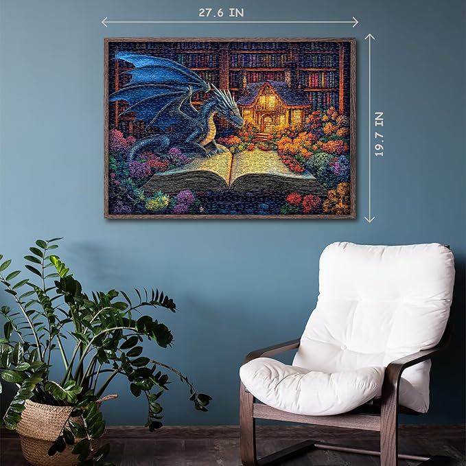 Dragon Puzzles for Adults 1000 Pieces, Magic Dinosaur Library Book Nature Garden Flower Themed, Fantasy Animal Wildflower Challenge Jigsaw Puzzle