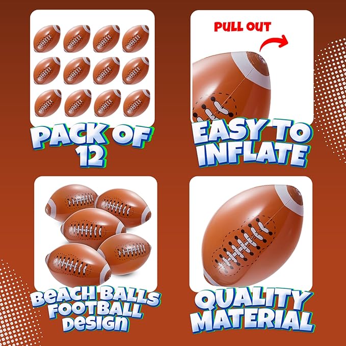 Bedwina 12-Pack 16" Inflatable Footballs for Football Party Decorations & Party Favors – Blow-Up Sports-Themed Beach Balls for Game Day & Birthday Supplies, Goodie Bag Stuffers