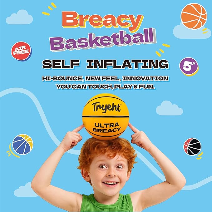 Mini Basketball, 5-Inch Self-Inflating Rubber Ball – No Pump Needed, High-Bounce Breacy Ball for Indoor Mini Hoop & Outdoor Play