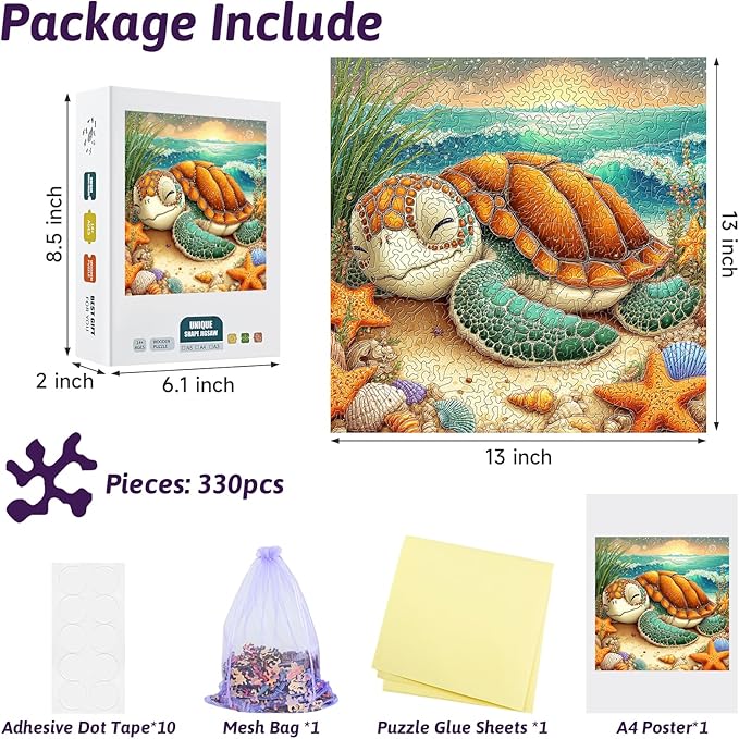 330 Piece Sleepy Sea Turtle Wooden Jigsaw Puzzle for Adults - 13’’ Coastal Beach Scene Puzzle, Unique Animal Shape Wood Cut Puzzles Gift for Ocean & Nature Lovers (Sea Turtle)