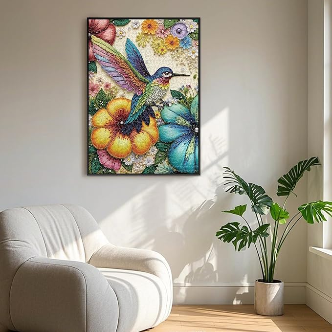 Beaded Hummingbird 1000 piece Puzzle for Adults, Sutinban Hummingbird Floral Jigsaw Puzzles, Nature Jewel Art Impossible Puzzle 1000 Pieces, Colorful Challenging Puzzles for Adults and Family Senior