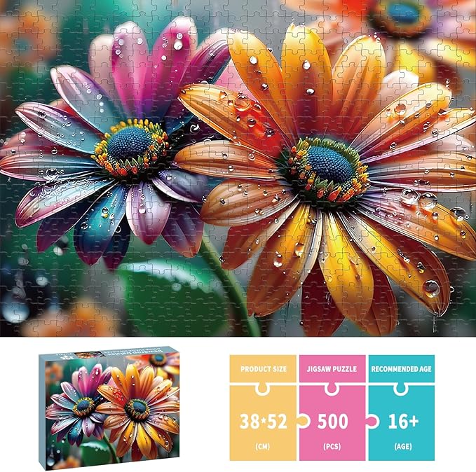 500 Piece Puzzles for Adults, Flowers Jigsaw Puzzles 500 Pieces - Dewdrop Daisies, Impossible Puzzle for Home Decor, Finished Size 20.47 * 14.96”, with 1:1 Poster, Letter on The Back