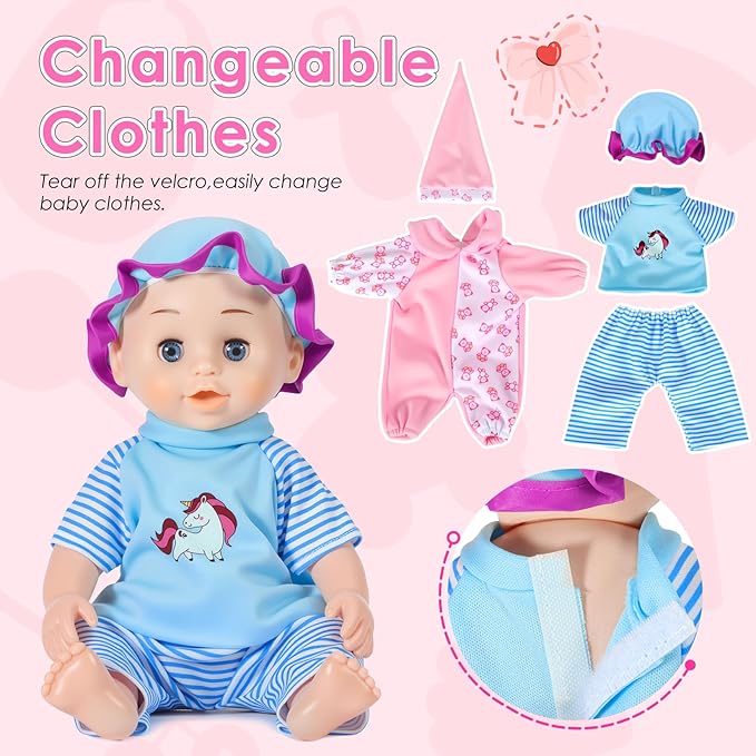 HUITEM Baby Doll Stroller Toys Set, 17 PCS Baby Doll Accessories Stroller Toys with Baby Dolls,2 Sets Doll Clothes, Playpen, Handbag, Feeding Nursery Pretend Play Gifts for Girls Toddlers 3 4 5
