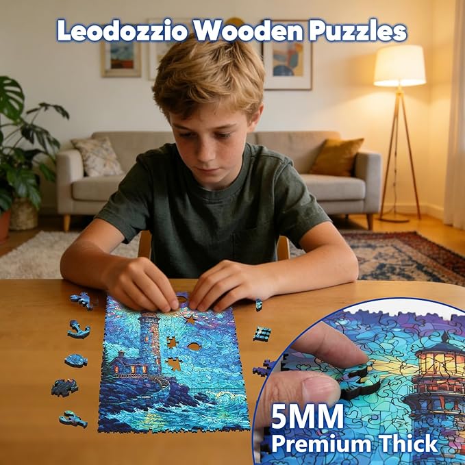 Leodozzio Wooden Puzzles for Adults, Lighthouse Wood Jigsaw Puzzle 200 Pieces, 5mm Thick Unique Shaped Ocean Puzzle, Gift for Adults & Family, 8.8 x 11.7 Inch