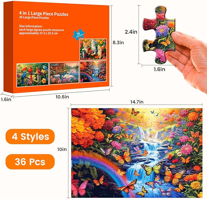 4 Packs 36 Large Piece Puzzle for Seniors - Dementia Puzzles for Elderly Adults,Alzheimer’s Puzzles Memory Cognitive Games for Elderly Seniors with 4 Storage Bags